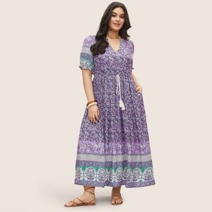 Bloomchic Boho Print Notched Ties Tassel Trim Dress in Lilac Size 22/24